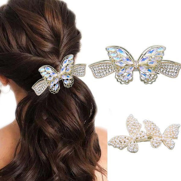 Holone Rhinestone Butterfly Hair Clips Gold Crystal Hairclip Pearl Hair Pins Holiday Hair Barrettes Women Hair Accessoires (Dainty)