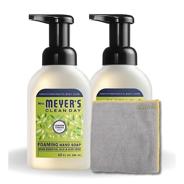GROVE Clean Day Organic Lemon Verbena Scent Foam Hand Soap 10 oz Bundle with Microfiber Cloth - Moisturizing Natural Hand Soap for Kitchen & Bathroom - (3 Items)