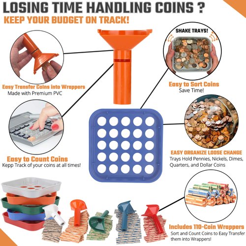 Coin Counters Tubes & Coin Sorters Tray – 5 Color-Coded Coin Sorting Tray and 5 Coin Counting Tubes - Bundle with 110-Count Assorted Coin Roll Wrappers for US Coins