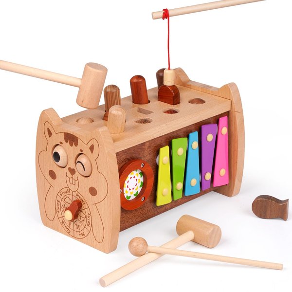 6 in 1 Wooden Montessori Toys Hammering Pounding Toy for 3 Year Old Whack A Mole Game for Toddlers Fine motor skills Toys with Xylophone Fishing Toy Toddler Activities for Baby 3 Year Old Birthday
