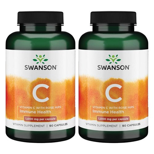 Swanson Vitamin C w/Rose Hips - Herbal Supplement Promoting Skin Health, Heart Health & Immune System Support - Natural Formula Promoting Protection & Wellness - (90 Capsules, 1000mg Each) 2 Pack