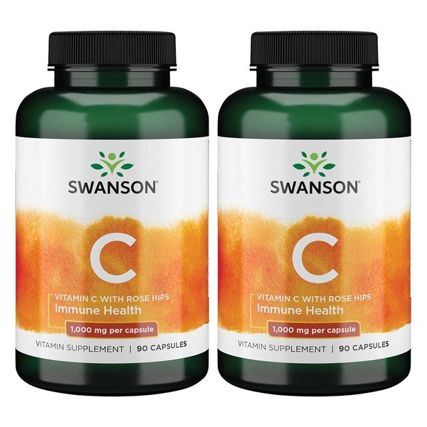 Swanson Vitamin C w/Rose Hips - Herbal Supplement Promoting Skin Health, Heart Health & Immune System Support - Natural Formula Promoting Protection & Wellness - (90 Capsules, 1000mg Each) 2 Pack