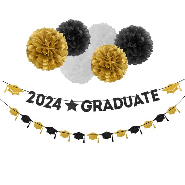 Black White-Gold Party-Decoration Graduation Banner - 8pcs Kits Cap Garland Streamers, Paper Tissue Pom Poms Flowers, 2022 Graduate Banner Congratulations Grad Decor Lasting Surprise