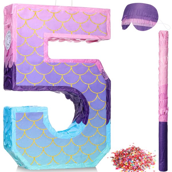 Shappy 16 Inch Mermaid Piñata Purple Number Birthday Piñata Birthday Party with Stick Blindfold Confetti for Birthday Anniversary Celebration Decoration Supplies(Number 5)