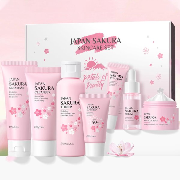 Skin Care Set JAPAN-SAKURA Women Beauty Gift Sets Skin Care Kit, Self-Care Skincare Set: Cleanser,Toner,Serum,Cream,Mud Mask,Eye Cream,Sunscreen, Facial Kit for Women Teen Girls Mom Daughter 7pcs
