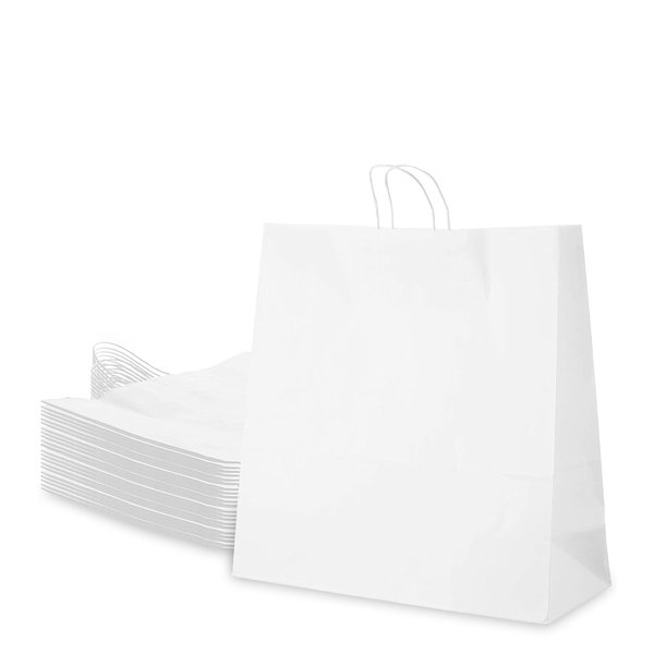 EcoQuality Medium White Kraft Paper Bags with Handles, 10x5x15 inches, 250 Count, Reusable, Durable, Ecofriendly, Multi-purpose Gift, Grocery, Party Bags