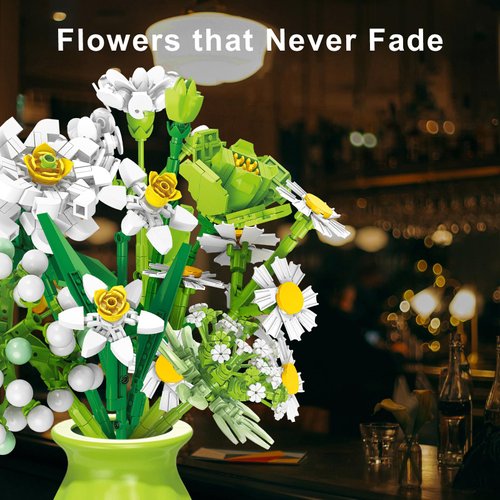 Flowers Bouquet Building Blocks Set, Daffodils, Artificial Flowers Construction Blocks,750 Pieces Wildflower Bouquet Toy Bricks with Vase and Postcard, Mother's Day, Birthday
