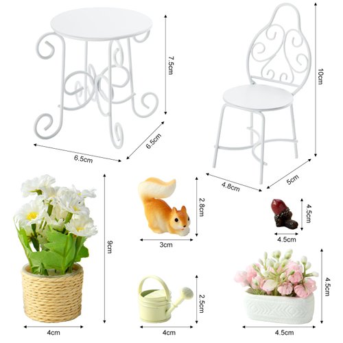 9 Pcs Dollhouse Garden Table Chair Set, 1/12 Scale Metal Miniature Patio Set Fairy Garden Furniture Accessories, Table Chair, 3 Potted Plant, Little Squirrel and Watering Can,for Dollhouse Lovers