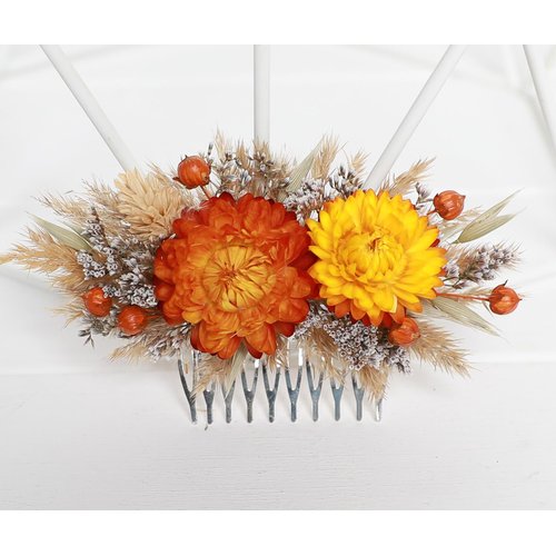 Generic Natural dried flowers ivory hair comb, ivory cream dried flowers rustic hair piece (orange)