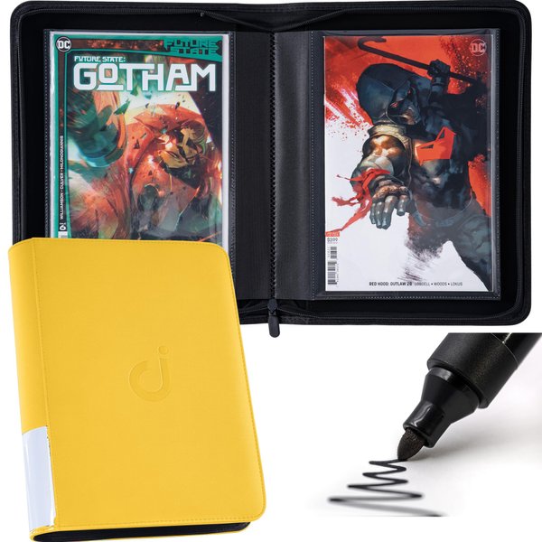 D DACCKIT Comic Book Binder, Comic Book Storage Album with Sleeves for Current, Silver Age, Regular Comics Bagged and Boarded - Fits 32 Comic Books（Classic Yellow）