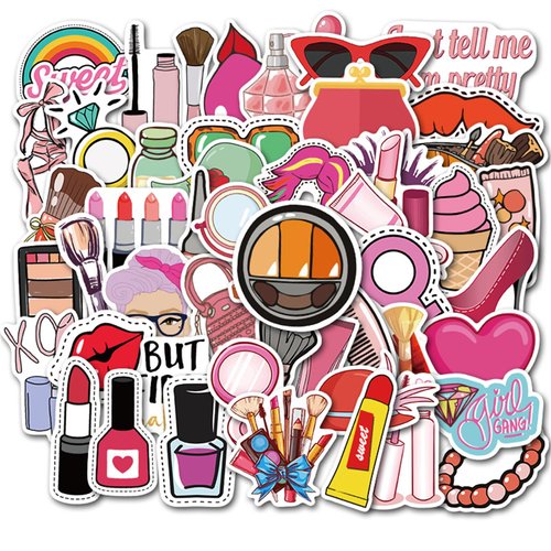 Women Fashion Cosmetics Stickers, Funny Makeup Tool Cartoon Stickers, 50PCS Girls Stickers for Scrapbook, Waterproof Vinyl Lipstick Mirror Stickers for Water Bottle Laptop, Party Supplies (Cosmetic)