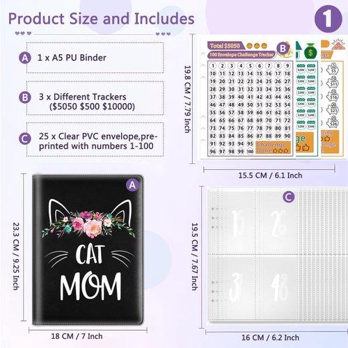 100 Envelopes Money Saving Challenge Binder, A5 Budget Binder with 25 pcs Cash Envelopes, 3 pcs Reusable Laminated Trackers Saving $5050, $500, $10000, Money Organizer,Cat Mom Floral Design