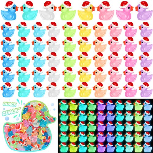 Fumete 200 Pcs Christmas Mini Resin Ducks Tiny Duck Figures Miniature Christmas Hat Duck Micro Landscape Garden Dollhouse Decor Charms Beads for Xmas Accessories DIY Craft Supplies (Colorful,Lighted)