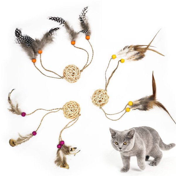 Andiker 3pcs Cat Feather Toys, Interactive Cat Toys for Indoor Cats to Play and Fetch Cat Ball Toys Two Ends with Sisal Rope, Beads and Three Styles Feather to Catch Your Cat’s Eyes (3pcs)