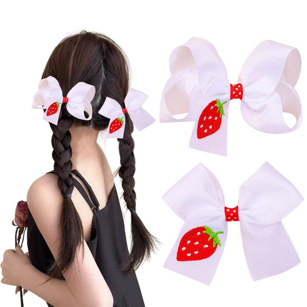 Strawberry Hair Clips Back to School Bow Clips Cute Hair Clip Grosgrain Hair Barrettes Non-slip Hair Bows Red White Hair Accessories for Toddler Girls Hairpins for Styling Embroidered Hairgrips 2PCS
