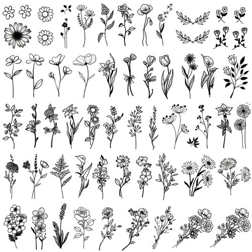 Mini Black Flower Temporary Tattoos - Realistic Long Lasting Waterproof Tiny Tattoos - Cute Floral Bouquet Wild Plants Small Tattoos for Women and Men