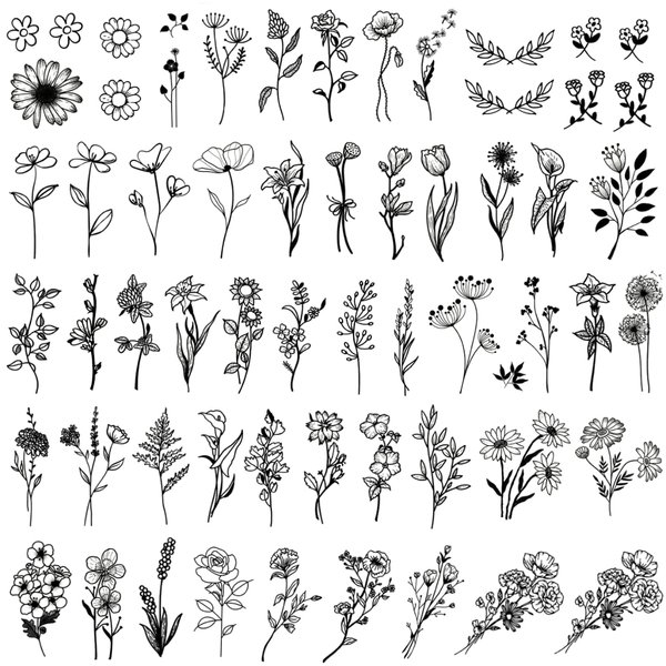 Mini Black Flower Temporary Tattoos - Realistic Long Lasting Waterproof Tiny Tattoos - Cute Floral Bouquet Wild Plants Small Tattoos for Women and Men