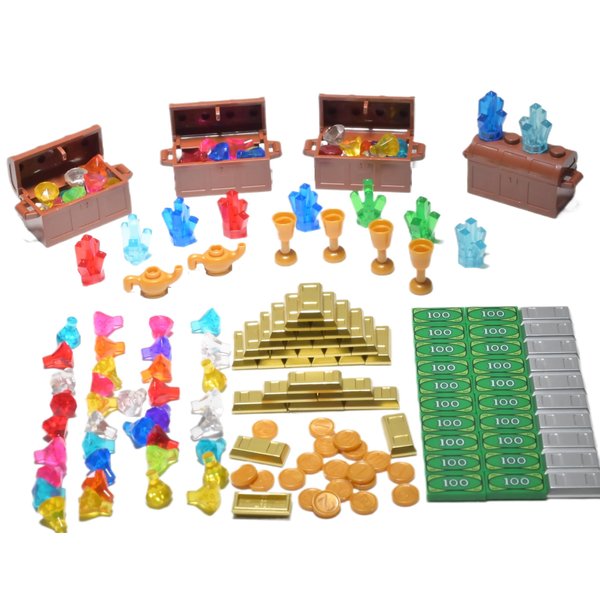 168 Piece Treasure Accessories Money Building Blocks Set: Ideal for Adventure, Treasure Hunting and Pirate Themes - Includes Jewel Chest, Gems, Diamonds, Gold and Silver Bars, Crystals, Coins and More