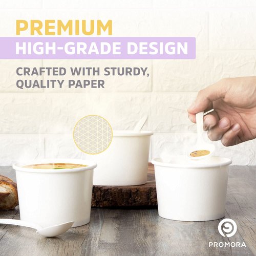 Promora 12 oz Paper Ice Cream Cups Disposable, Disposable Bowls for Hot Soup or Dessert with Spoons, Perfect for Hot & Cold Food, Disposable Soup Bowls, Ice Cream Bowls Disposable (White, 12 oz)