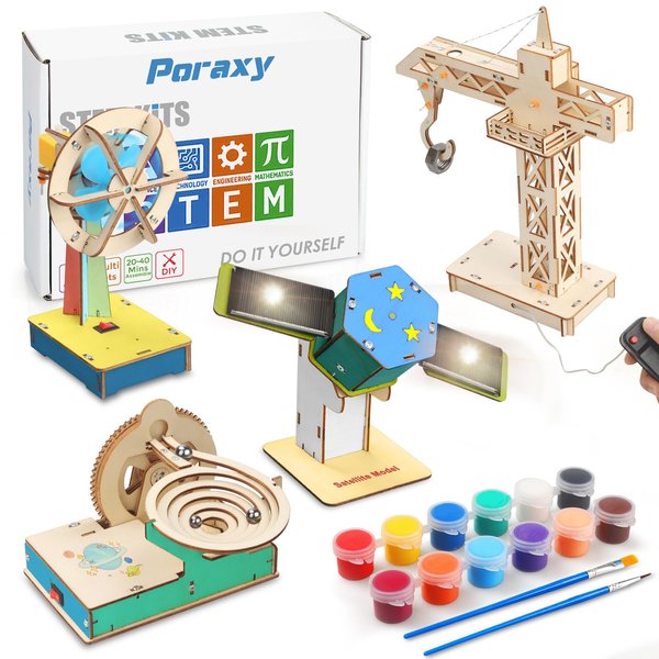 Poraxy 4 in 1 Science STEM Kits for Kids Ages 8-10-12, 3D Wooden Puzzles, Building Toys for Ages 8-13, DIY Educational Porjects Crafts Model Kits, Gifts for Boys and Girls 8 9 10 11 12 13 Years Old
