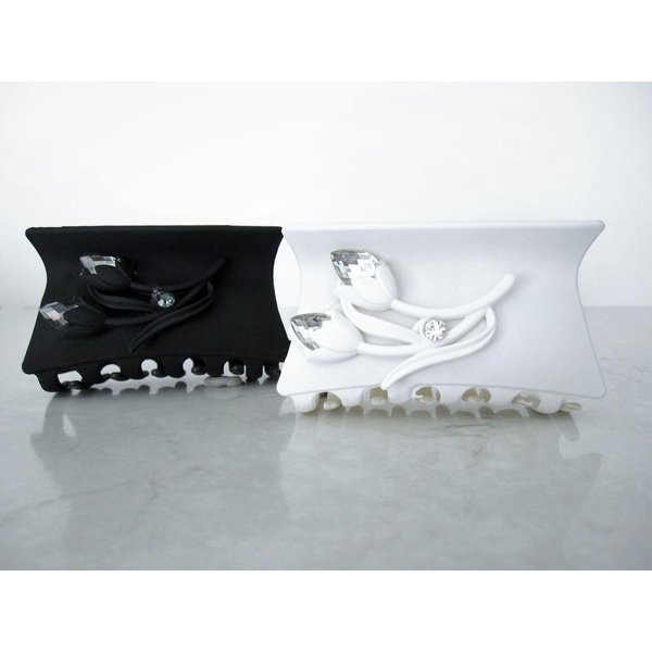 Generic Black or white acrylic hair claw clip with flowers and crystals (Primary color: Black), 1 Count (Pack of 1)