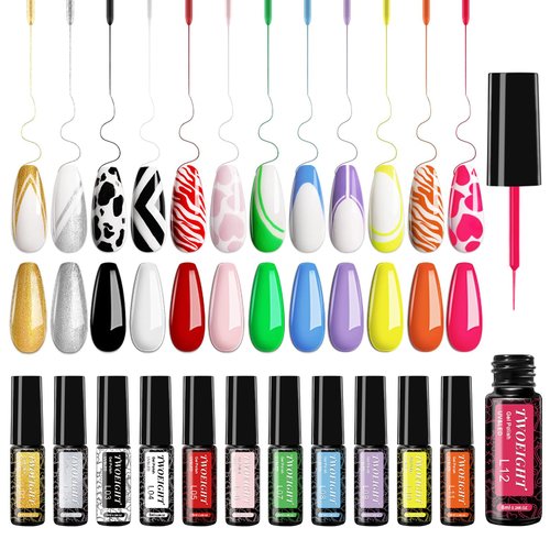 TWOEIGHT Gel Nail Polish Liner Nail Art 12 Colors 8ml UV Lamp Soak-off Polishes Pigmented Red Pink Glitter Built Thin Brush in Bottle Manicure DIY at Home Salon Quality Gift for Women for Mom