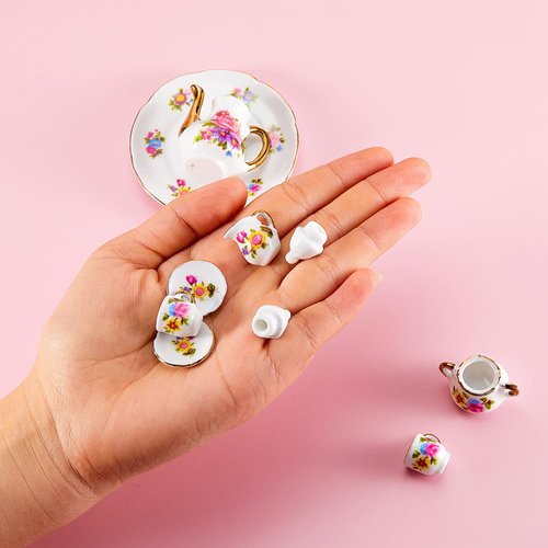 Skylety Dollhouse Tea Cup Set 1:12 Miniature Porcelain Dollhouse Accessories 8 Pcs Miniature Porcelain Set Christmas Decoration Mini Flower Pattern Teapot Cup Plates Set for Dollhouse Kitchen Supplies