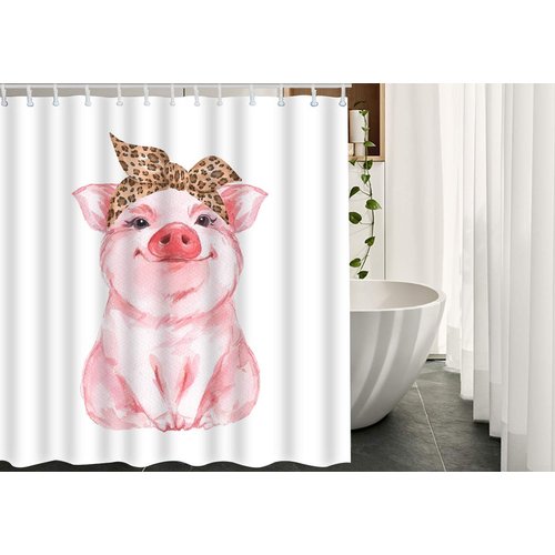 Moslion Pig Bath Shower Curtain Set Farm Animal Funny Cute Piggy Wearing Leopard Bandana Shower Curtains Home Decorative Extra Long Polyester Fabric Shower Curtain with Hooks 72x72 Inch Pink