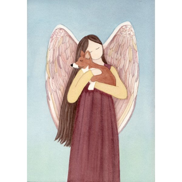 Pembroke Welsh Corgi cradled by Angel/Lynch Signed Folk Art Print