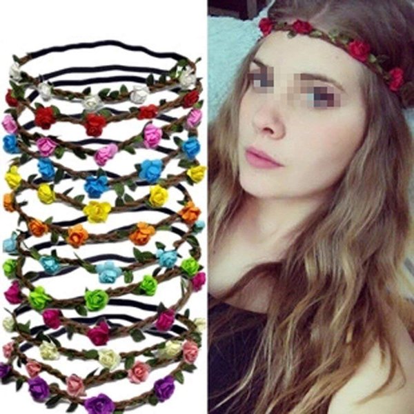Set of 6 Flower Floral Headband Hippie Crown Hair Band with Elastic Band Headwear Headpieces Hair Style Accessories for Women Girls Wedding Party Decoration