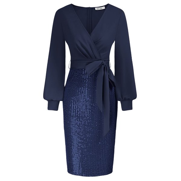 GRACE KARIN Women's Pencil Midi Dress Long Sleeve Elegant Casual Knee Length Wrap Dresses Navy L