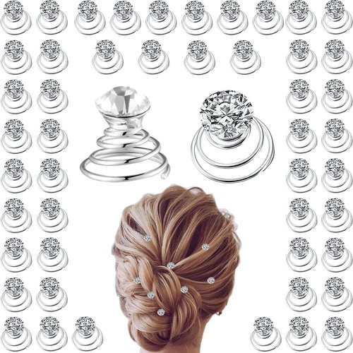 50 Pieces Crystal Pearl Twisters Spiral Set Bridal Rhinestone Gems Hair Pins Silver Coil Hair Gems Hair Clips for Wedding Party Prom with Clear Box for Women Girls Party Gift