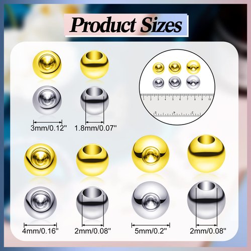 120 Pieces Memory Wire End Caps 3mm 4mm 5mm Stainless Steel Cord End Caps Half Drilled Beads Ball End Jewelry End Cap for Earrings Necklace Bracelet Jewelry Making DIY Crafts (Gold, Silver)