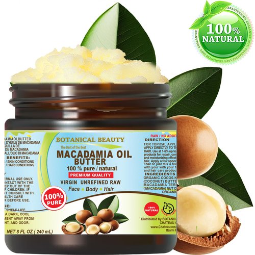 Botanical Beauty MACADAMIA OIL BUTTER 100% Pure Natural VIRGIN UNREFINED Cold-Pressed 8 Fl oz 240 ml for Face, Skin, Body, Hair, Lip, Nails. Rich in Vitamin E, Omega 3, Omega 6