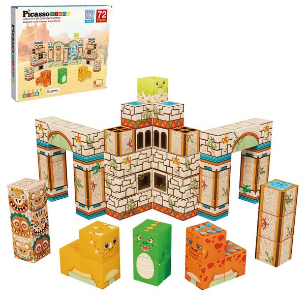 PicassoTiles Magnet Cube Prehistoric World Themed Mix and Match Building Block Construction Toy with 4 Magnetic Cubed Dinosaur Character Action Figures STEM Education Sensory Pretend Play Age 3+ PMC04