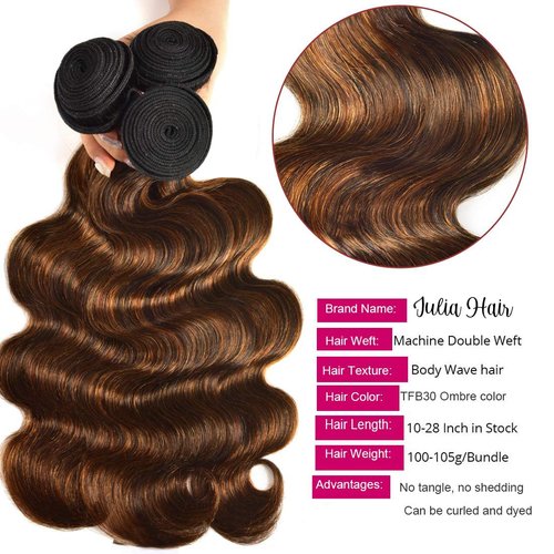Julia Brown Highlight Ombre Body Wave Human Hair Weave 3 Bundles 14 12 10inch,10A Brazilian 100% Remy Honey Blonde Human Hair Weft Extensions Piano Color
