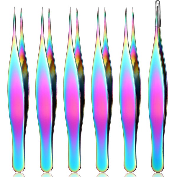 6 Pieces Pointed Tweezers Ingrown Hair Tweezers Precision Needle Point Tip Tweezers Stainless Steel Tweezers for Nose Facial Hair Eyebrow Blackhead Remover (Rainbow Color)