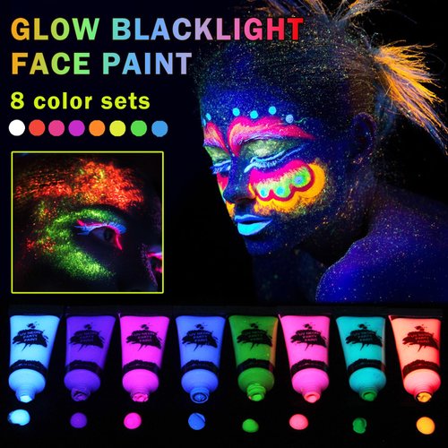 QIUFSSE Glow in the Dark Face Paint and Body Paint Set,8 Tubes Neon Face Paint and Body Paint for Skin,UV Blacklight Paint for Kids Adults Neon Party Music Festivals Halloween Makeup