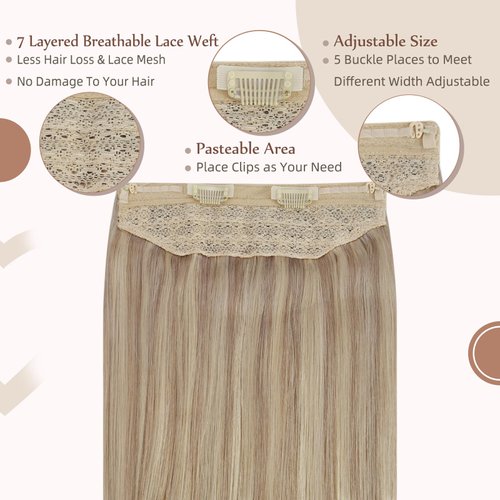 Fshine Wire Hair Extensions Human Hair Invisible Wire Extensions 80g Hairpiece Natural Real Hair Extensions Ash Blonde Highlighted Bleach Blonde Secret Hair Extensions with Transparent Line 18 Inch