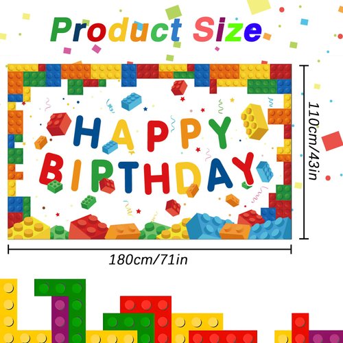Ledander Birthday Banner Backdrop for Kids - 71 * 43in Happy Birthday Photography Background Party Decorations for Boys Girls, Building Blocks Theme Birthday Hanging Decoration Party Supplies (White)