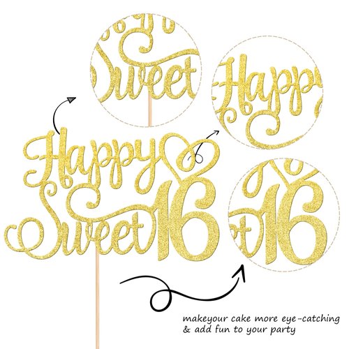 1 PCS Happy Sweet 16 Cake Topper Glitter 16th Birthday Cake Pick Cheers to 16 Years Cake Decoration for Happy 16th Birthday Anniversary Party Decorations Supplies Gold