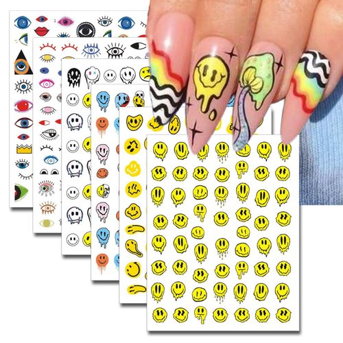 IDDFEVE 12 Sheets Abstract Smiling Face & Evil Eye Nail Art Stickers, 3D Funny Nail Decals Self-Adhesive Designs