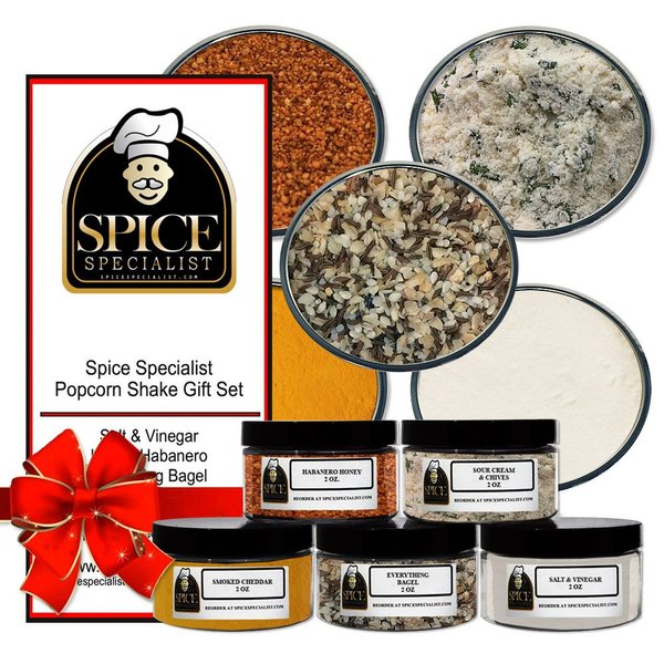 Popcorn Chip Snack Seasoning Gift Set - Contains: 5 Assorted Plastic Jars (1 each of: Salt & Vinegar, Honey Habanero, Everything Bagel, Smoked Cheddar, Sour cream & Chive)