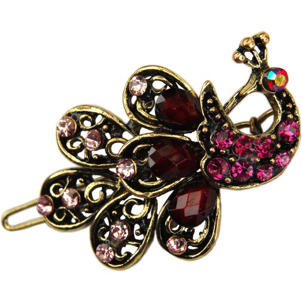 Peacock Light Garnet Rhinestone Hair Barrette- 2"+ Gift Bag