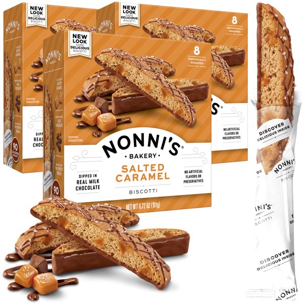 Nonni's Salted Caramel Biscotti Italian Cookies - 3 Boxes - Biscotti Individually Wrapped Cookies - Italian Biscotti Cookies w/Rich Milk Chocolate & Sea Salt - Kosher - 6.72 oz