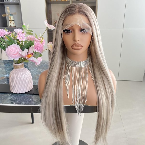 Carkira Ash Blonde Wigs with Brown Highlight Ombre Dark Root 13x4 Lace Front Wig Long Silk Straight Pre Plucked Synthetic Fiber Piano Color 24Inch for Women Girls