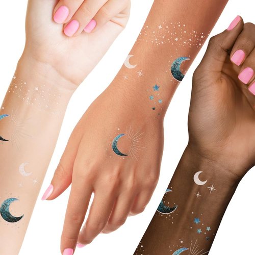 Flash Tattoos Moonlight temporary tattoos | 25 temporary tattoos | Premium waterproof metallic silver glitter face Flash Tattoos | Face Sparkle, Face Glitter, Moon Tattoo, Stars, Celestial | Tattoo Freckles