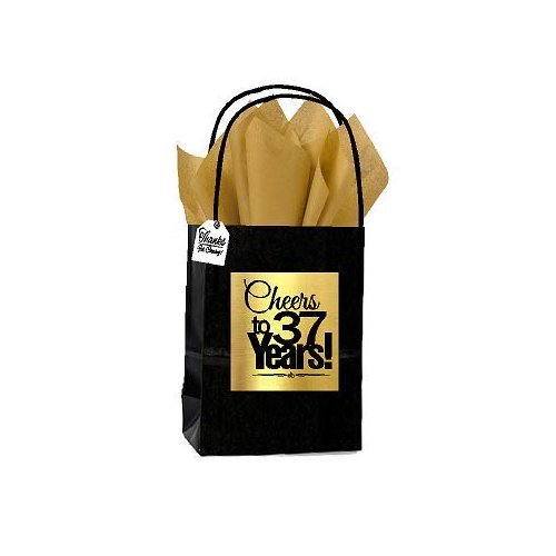Black & Gold 37th Birthday/Anniversary Cheers Themed Small Party Favor Gift Bags with Tags -12pack
