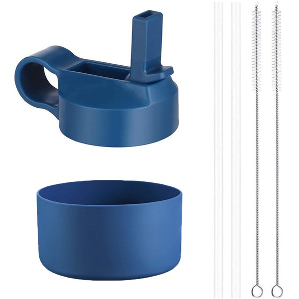 Top Souls Wide Mouth Straw Lid and Protective Boot Combo Pack, Compatible with Most Sports Water Bottles from 12-40 oz, Plus 2 Straws and 2 Brushes. (Medium, Cobalt)