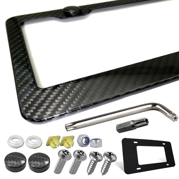 ZXFOOG Carbon Fiber License Plate Frame- 100% Handcrafted Real Carbon Fiber Cloth Wrap Holder, Wide Edge Black Aluminum Car Tag Cover with Stainless Steel Screws Caps, Rattle Proof Pad, 1 Pack 2 Hole